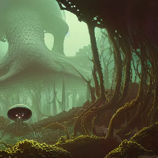 Image similar to highly detailed illustration of a nausicaa alien cephalopod in a world overgrown with fungus and spores, diffuse lighting, fog, stunning atmosphere, religious imagery, huge gargantuan black sun, muted colors, by kilian eng and james jean