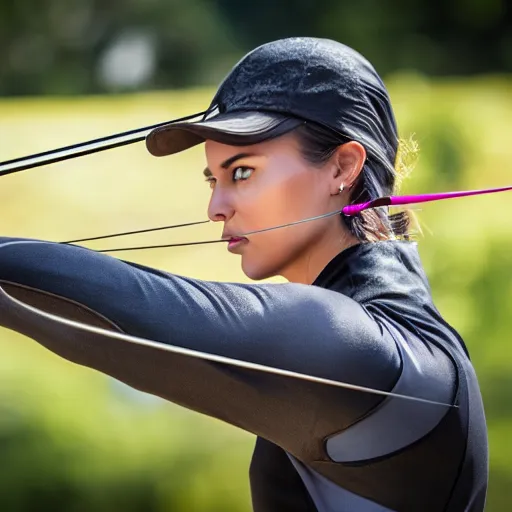 Prompt: photo realistic, consistent and highly detailed face, a attractive sports woman in archery, pointing his bow, uhd 8 k, highly detailed, sigma 8 5 mm f / 1. 4