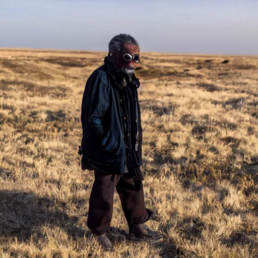 Prompt: far shot of 1 0 0 year old black man wearing safety goggles, he has a mischievous grin and a tattered moncler jacket and a variety of golden necklaces, bracelets, and rings. his hair is wild and unkempt. cold color temperature, frozen mongolian steppe, backlit,