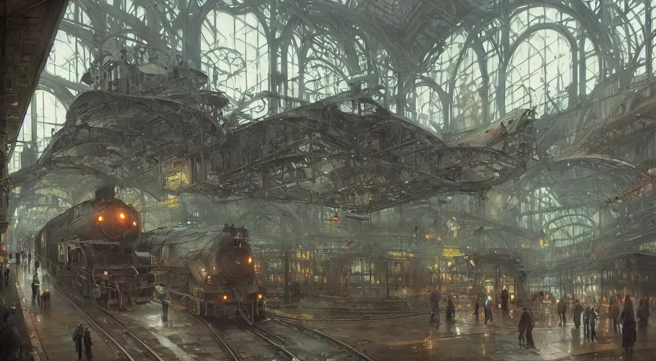 Image similar to subway station with an arriving steam train, highly detailed, digital painting, artstation, concept art, smooth, sharp focus, steampunk style, illustration, art by greg rutkowski and alphonse mucha