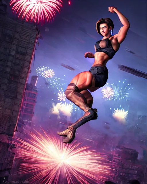 Image similar to gigachad jill valentine bodybuilder jumping in front of a fireworks show fighting in racoon city, fantasy character portrait, ultra realistic, anime key visual, full body concept art, intricate details, highly detailed by greg rutkowski, ilya kuvshinov, gaston bussiere, craig mullins, simon bisley