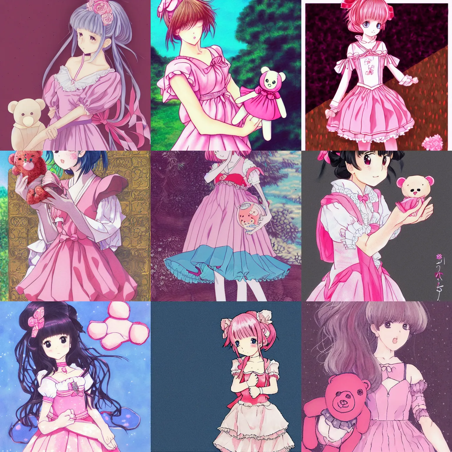 Prompt: a girl in a pink dress holding a teddy bear, lineart by kiyohara tama, naoko takeuchi featured on pixiv, rococo, official art, anime aesthetic, pixiv