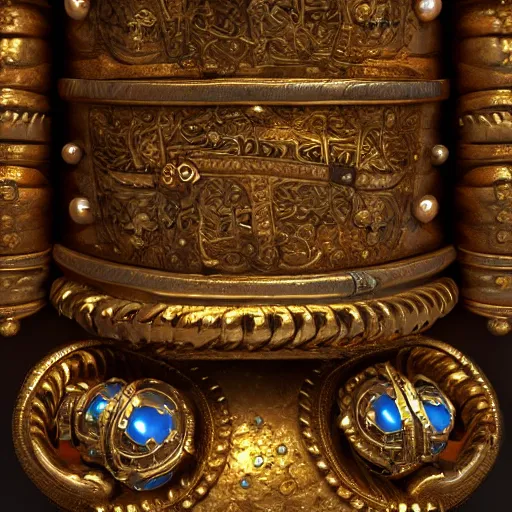 Image similar to A Dwemer chest filled with jewels and golden artefacts, 4k, hdri, museum quality photo