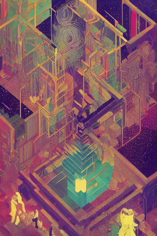 Image similar to a drawing of a room with a staircase, psychedelic art, op art, isometric, voxel art, poster art by victo ngai, ori toor, kilian eng, behance contest winner, crystal cubism, poster art, cubism, tarot card, psychedelic art, concert poster, poster art, maximalist