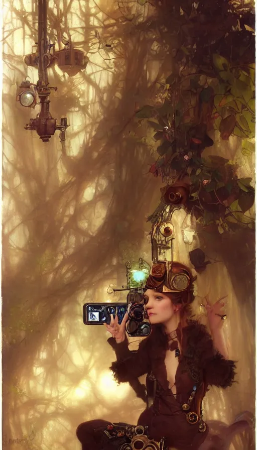 Image similar to hyper realistic photographer taking a picture of a cat, magical, steampunk, painted by tom bagshaw, mucha, gaston bussiere, craig mullins, j. c. leyendecker 8 k