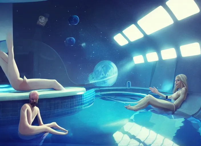 Prompt: human sitting by a pool in space, david yates, perfect lighting, perfect composition, aesthetic, masterpiece, award winning, artstation, 4 k