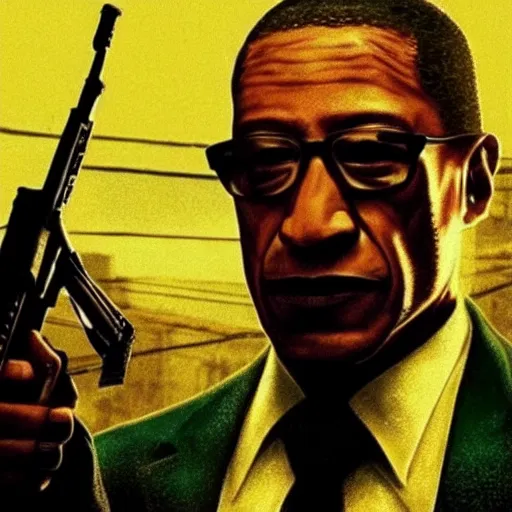 Image similar to film still of gus fring as max payne, iconic max payne 2 look, atmospheric still