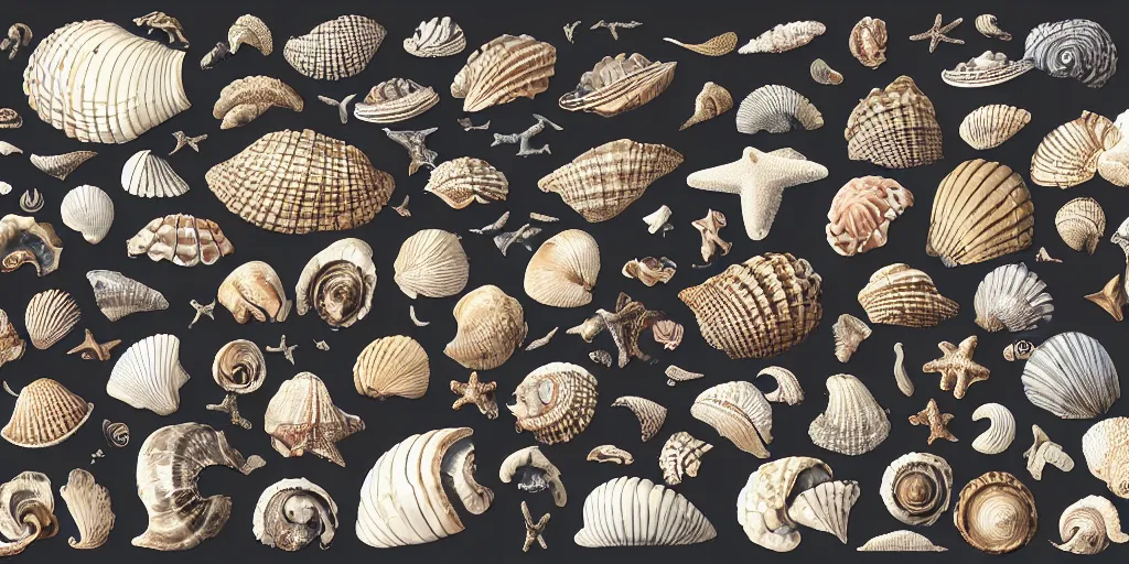 Prompt: full color page scan of various vintage sea shells illustrations on black background, in matte painting, 2 d, kitbash, 4 k