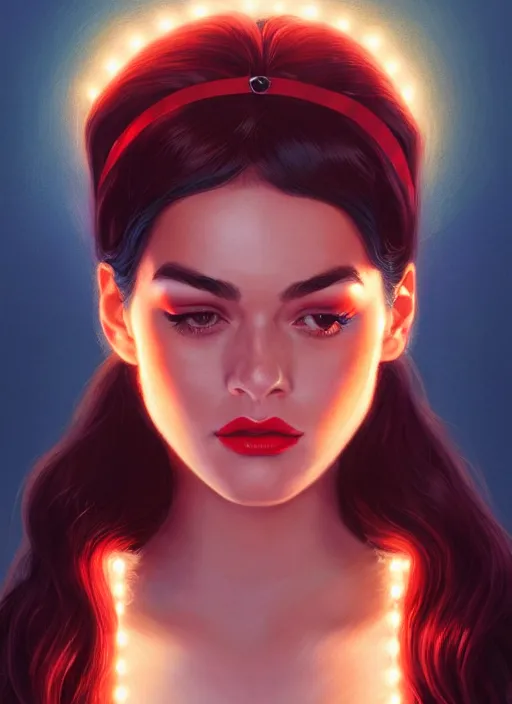 Image similar to portrait of veronica lodge with fluffy bangs, 1 9 6 0 s, long hair, red hairband, curly bangs, intricate, elegant, glowing lights, highly detailed, digital painting, artstation, concept art, smooth, sharp focus, illustration, art by wlop, mars ravelo and greg rutkowski