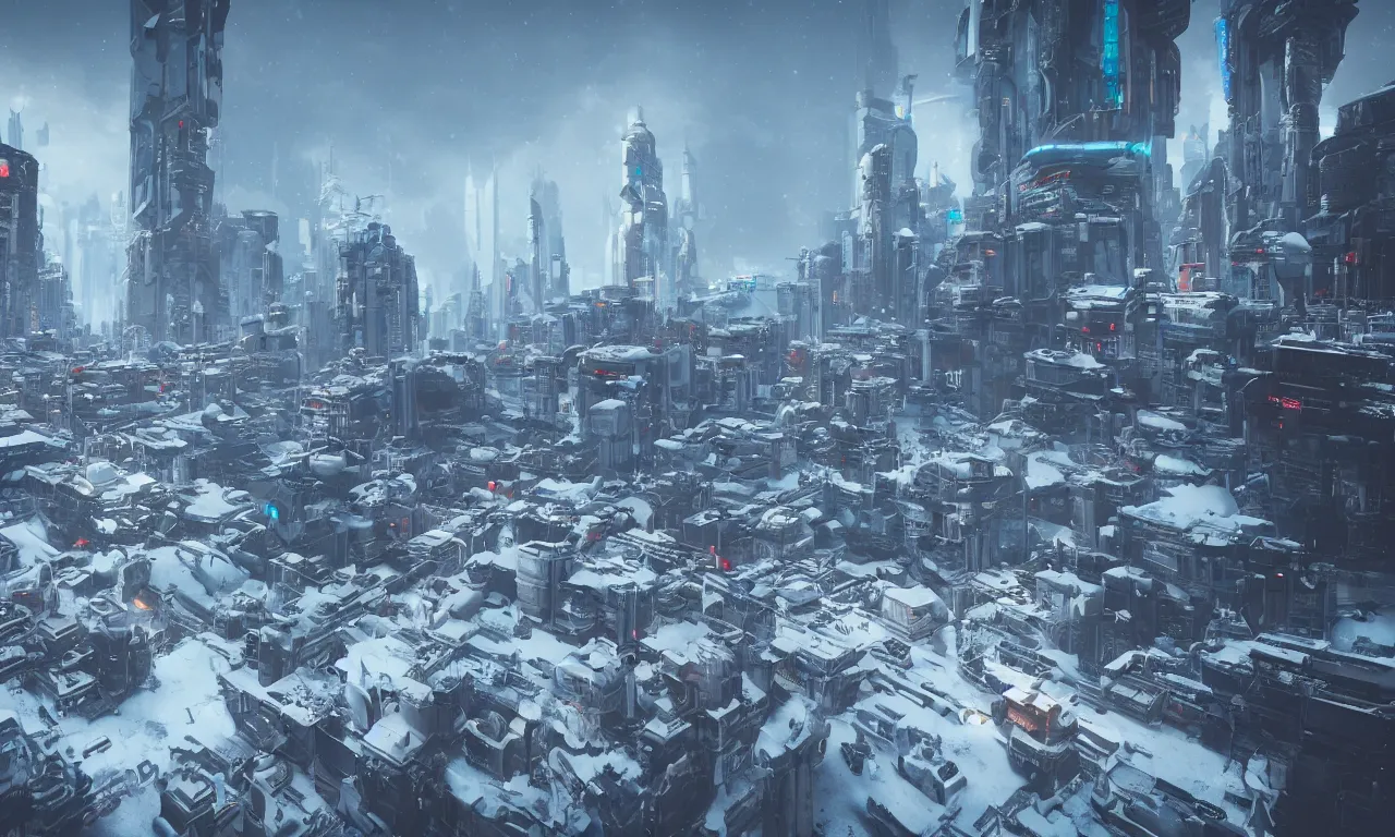 Prompt: futuristic sci - fi cyberpunk snow cityfloating above ground, extreme detail, backlight, volumetric light, unreal 5, octane rendering, vray, maya