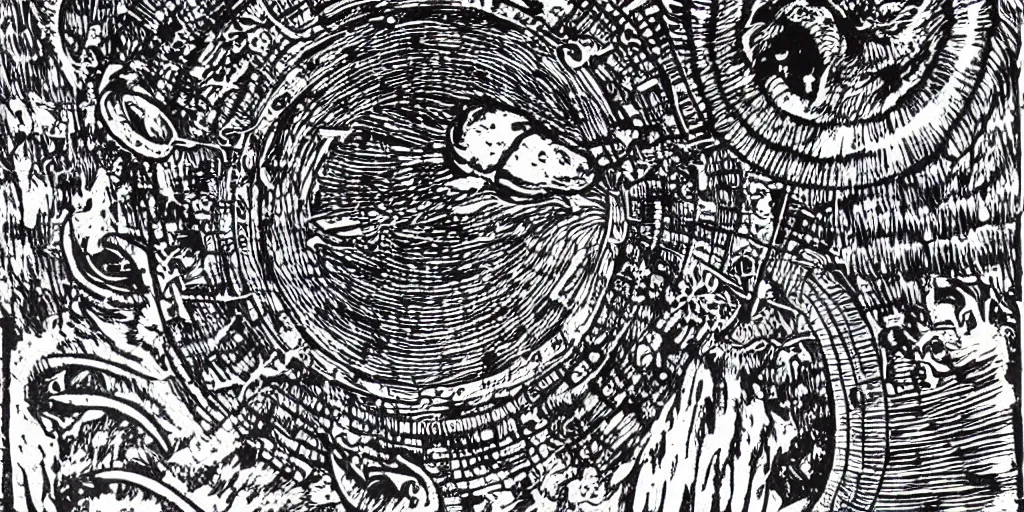 Image similar to anthropomorphic furry wolf inside a giant tower that tracks the stars and planets, woodcut