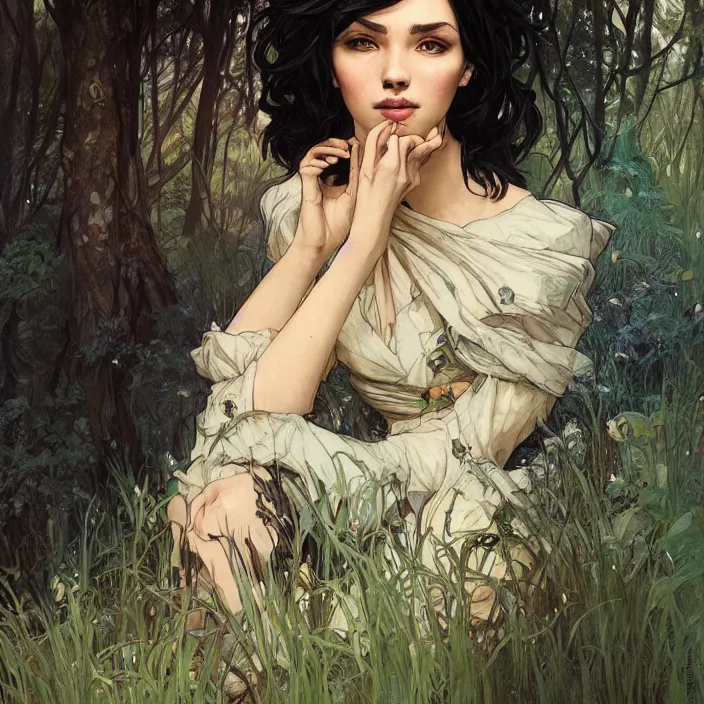 Image similar to portrait of short black hair woman in forest glade by artgerm, greg rutkowski, alphonse mucha, 8 k