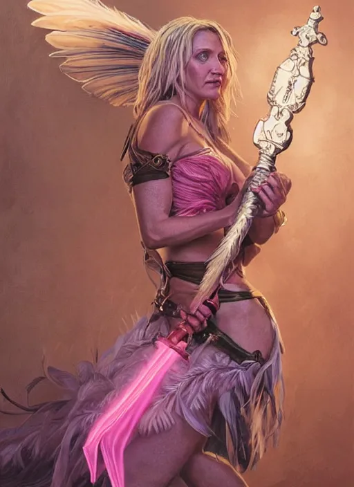 Image similar to serious looking Cameron Diaz as a ruggedly handsome heroine wearing pink feathers and wielding a glowing sword, intricate, elegant, tasteful, highly detailed, centered, digital painting, artstation, concept art, smooth, sharp focus, illustration, art by artgerm and donato giancola and Joseph Christian Leyendecker, WLOP