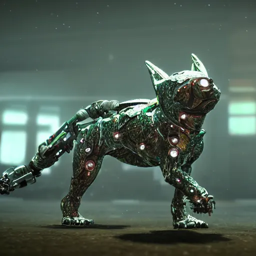 Image similar to hybrid of a cyborg dog and a diamond crystal golem kaiju, ultra detailed, 8 k, rule of thirds, professional lighting, unreal engine.