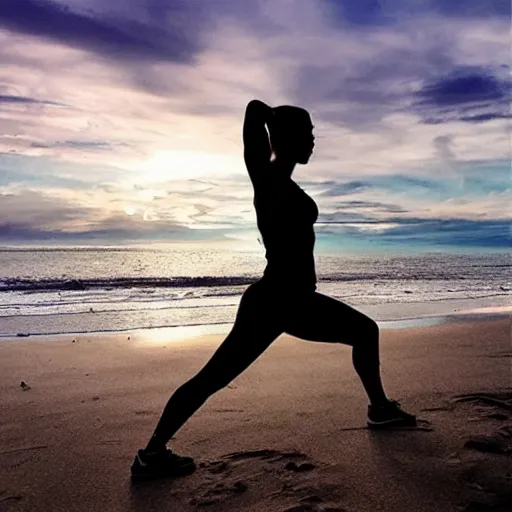 Prompt: “silhouette of fitness blogger doing exercise on the beach photorealistic ”