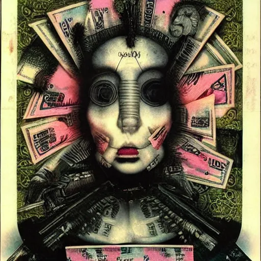 Image similar to post - punk new age album cover, asymmetrical design, dollar bank notes, capitalism, magic, apocalypse, psychedelic, black white pink, magic, giger h. r., giuseppe arcimboldo