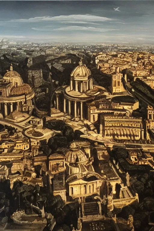 Image similar to Rome city, oil on canvas, extremely detailed, artstation, by HR giger and Caravaggio