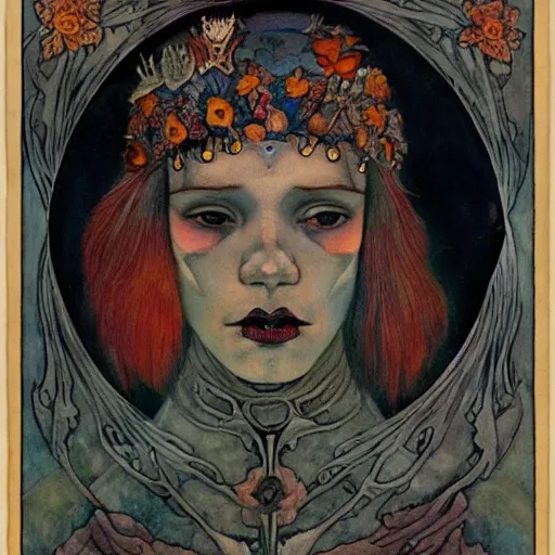 Image similar to the bone crown coronation, by Annie Swynnerton and Nicholas Roerich and (((Diego Rivera))) and (((Edmund Dulac))), bioluminescent skin, floral tattoos, goth costume, geometric ornament, symbolist, rich colors, dramatic lighting, smooth, sharp focus, extremely detailed