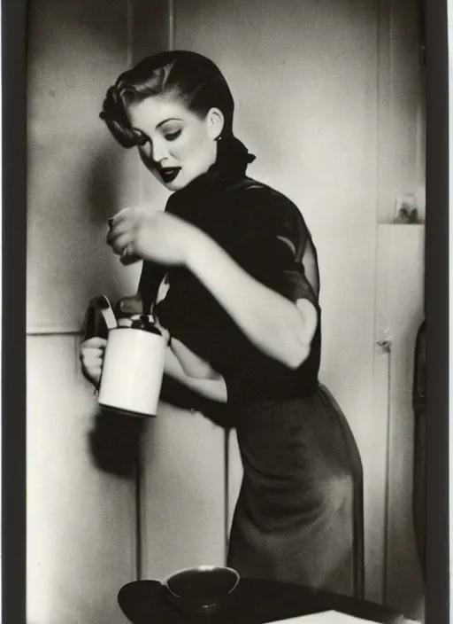 Image similar to a woman making coffee, flash polaroid photo by george hurrell,