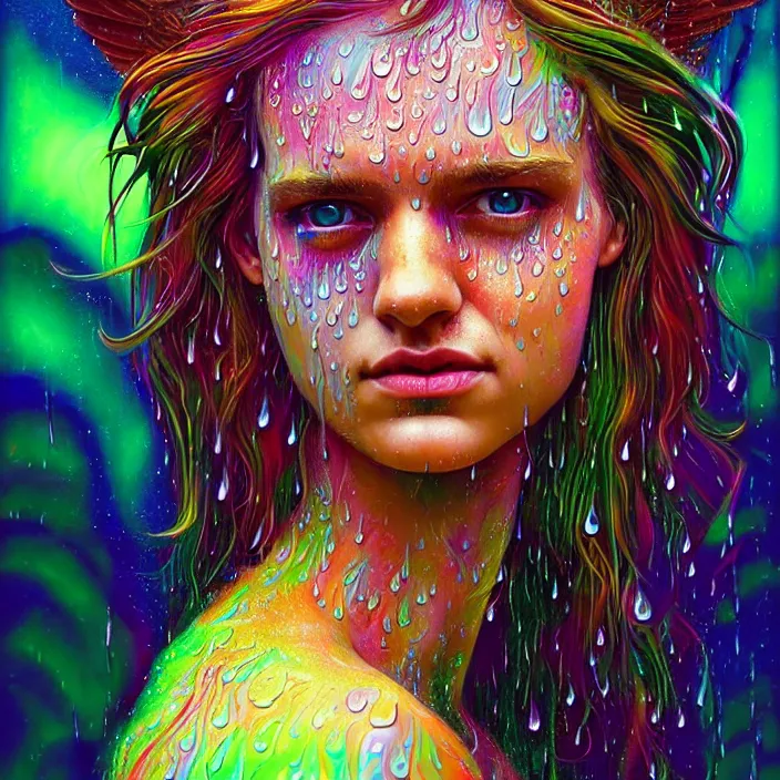 Image similar to bright psychedelic portrait with rain on face and wet hair, wings, smiling, diffuse lighting, fantasy, intricate, elegant, highly detailed, lifelike, photorealistic, digital painting, artstation, illustration, concept art, smooth, sharp focus, art by John Collier and Albert Aublet and Krenz Cushart and Artem Demura and Alphonse Mucha