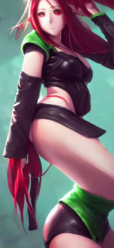 Prompt: an anime art of beautiful curvy girl with white girl and watery red eyes, leather jacket, green tank top, anatomically correct, symmetrical facial features, symmetrical proportions, highly detailed, digital painting, artstation, concept art, oc commission, illustration, league of legends, style by jordan grimmer and greg rutkowski