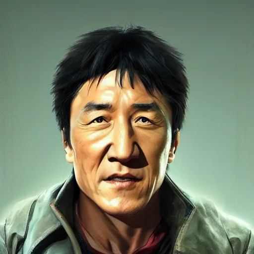 Image similar to “Portrait of Jackie Chan by Greg Rutkowski, young, manly, attractive, strong, older brother vibes, highly detailed portrait, scifi, digital painting, artstation, concept art, smooth, sharp foccus ilustration, Artstation HQ”