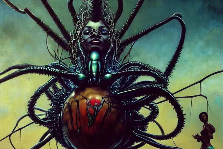 Prompt: realistic detailed portrait movie shot of a beautiful black woman riding a giant spider, dystopian city landscape background by denis villeneuve, amano, yves tanguy, alphonse mucha, max ernst, ernst haeckel, kehinde wiley, caravaggio, david lynch, roger dean, cyber necklace, rich moody colours, sci fi patterns, dramatic, wide angle