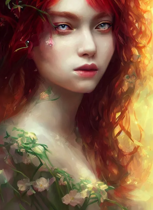 Image similar to a gorgeous flower princess portrait by WLOP, big emerald eyes, red hair, digital painting, beautiful lighting, mystical, detailed flowers, cgsociety