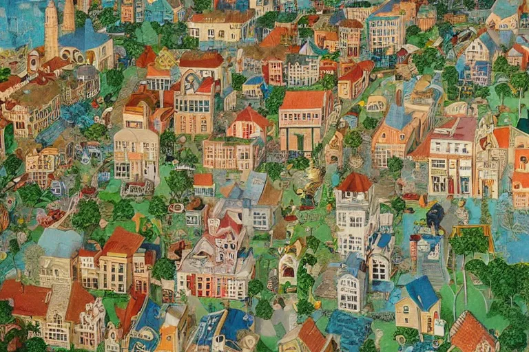 Image similar to an elaborate and dense painting of a peaceful neighborhood, detailed, made of alcohol ink on parchment and penned illustrations, by wes anderson and bosch and geoff darrow