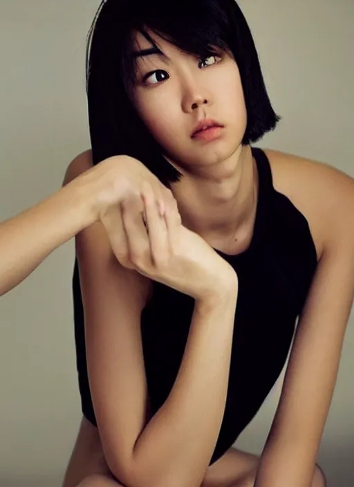 Image similar to beautiful slim tomboy with short black hair and asian eyes, perfection in eyes of males