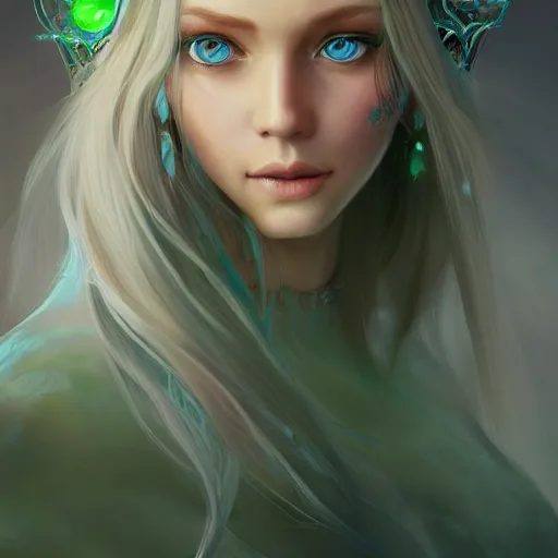 Prompt: portrait of a beautiful young woman with bright blue eyes, flowing white hair, dressed in a green, detailed face, fantasy, highly detailed, cinematic lighting, digital art painting by artgem, trending on artstation, very very beautiful, very attractive, high fantasy