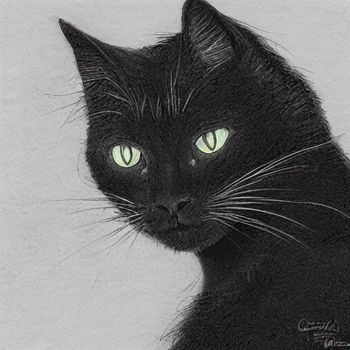 Image similar to close up of black cat in graveyard at midnight, pencil sketch, realistic shaded, fine details, realistic shaded lighting poster by greg rutkowski