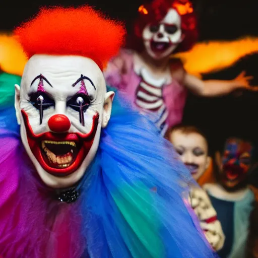 Image similar to evil clown performing at a party with crying children