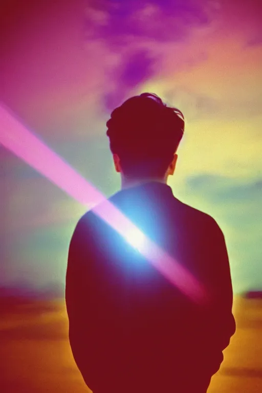 Image similar to agfa vista 4 0 0 photograph of a powerful psychic guy emitting psychic powers, back view, synth vibe, vaporwave colors, lens flare, moody lighting, moody vibe, telephoto, 9 0 s vibe, blurry background, grain, tranquil, calm, faded!,