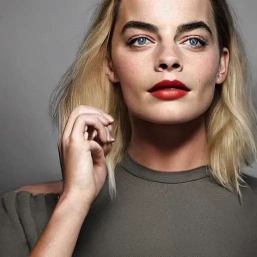 Image similar to a woman who is a genetic combination of margot robbie and emma watson face and upper - body focus