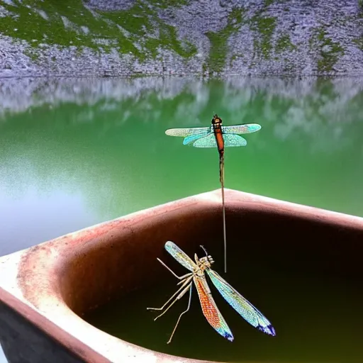 Image similar to dragonfly in a bathtub in the alps, goat!!!!! in background