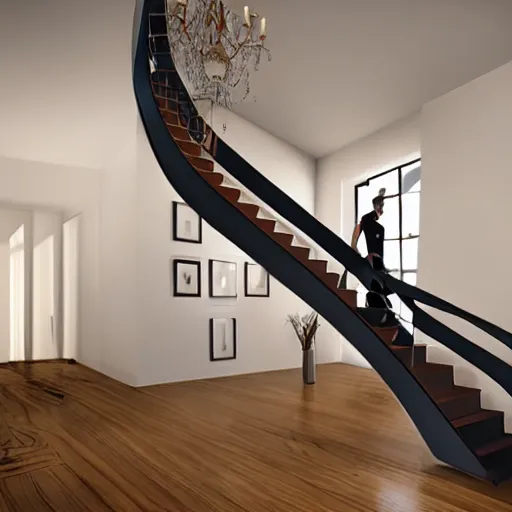 Image similar to scary monster with elongated arms descending a staircase in a home, natural lighting, realistic