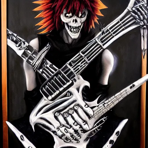 Image similar to a portrait of the grim reaper as a punk rocker playing an electric guitar, punk, skeleton face, mohawk, dark, fantasy, leather jackets, spiked collarsand wristbands, piercings, boots, ultrafine detailed oil on canvas painting by frank frazetta and vito acconci and and takeshi obata, death note style, symetric body, sharp focus