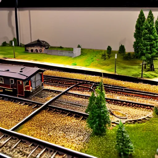 Image similar to a detailed photo of a railway diorama, zoom, model trees, table, studio lighting