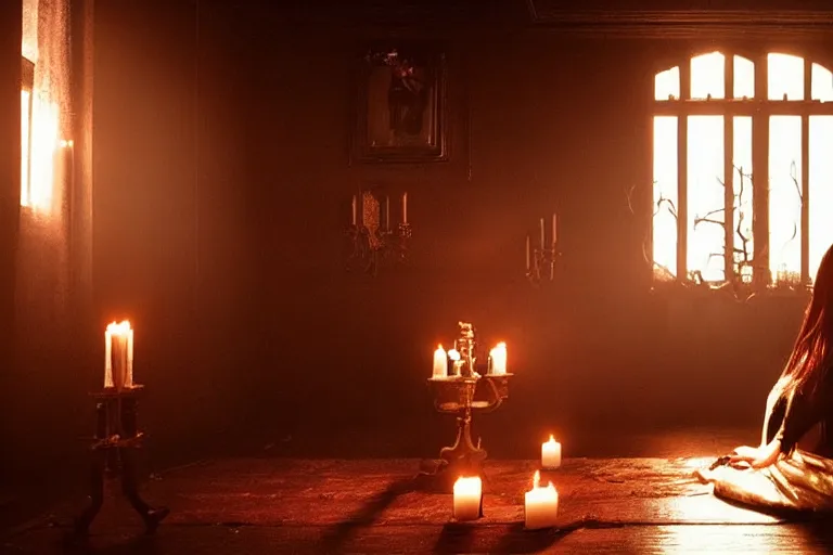 Image similar to VFX movie of levitating ascending beautiful goth woman in the decadent attic, demonic magic ritual, candles, glowing eyes, atmospheric natural lighting at night by Emmanuel Lubezki