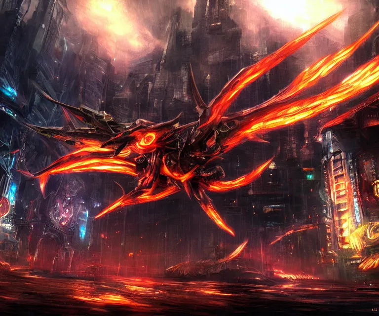 Image similar to neo tokyo, high fantasy, xenoblade chronicles, concept art, video game, phoenix flames