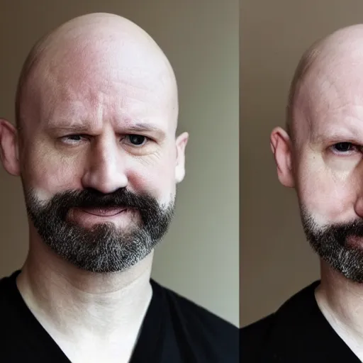 Image similar to He is white, middle aged, and completely bald. He looks like actor Glenn Langan. He has no facial hair, no beard, no eyebrows and no eyelashes. He has an average build. He has big round blue eyes.