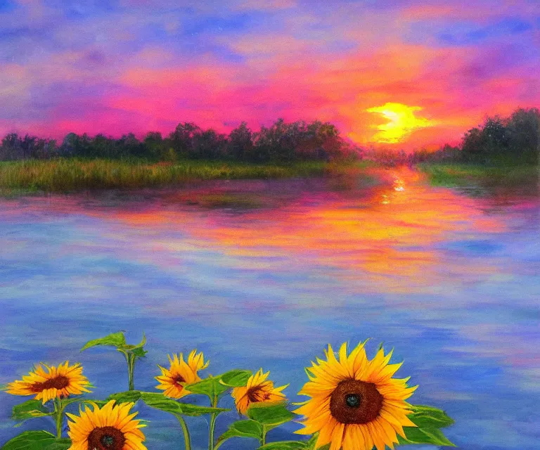 Image similar to sunflowers in the water, william henrits, hovik zohraybyan, water painting, bright colors, pink skies, sunrise, peaceful, serene, joy