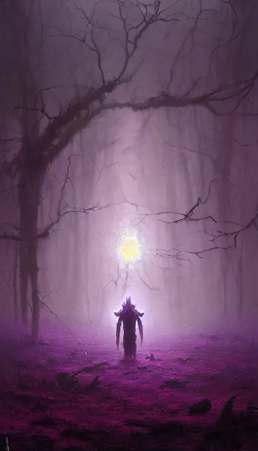 Image similar to Hyper realistic oil painting of a future sci-fi ancient god on the middle of a purple forest holding a portal that's about to explode, fog, volumetric lighting, nighttime, moonlight, insane, creepy, by Greg Rutkowski