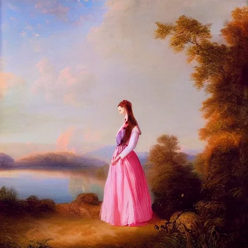 Image similar to a beautiful girl with a beautiful face wearing white dress, a dog, john martin landscape, lake evening, pink and blue colors