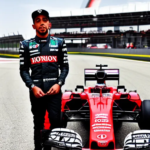 Image similar to lewis hamilton and a red honda forza 7 5 0