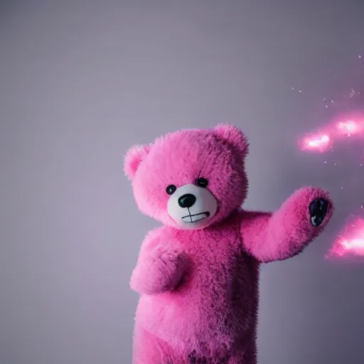 Image similar to fluffy pink teddybear in superhero costume, cinematic explosions, dramatic pose