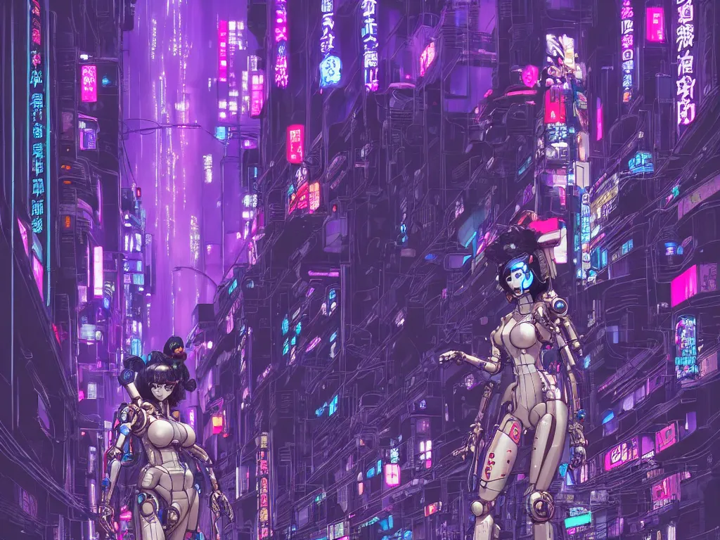 Image similar to high detailed mecha geisha in a cyberpunk rainy city at night by Josan Gonzalez, purple and blue neons, unreal engine, high quality, 4K, UHD, trending on ArtStation, wires, blade runner vibes, ghost in the shell, akira, dorohedoro