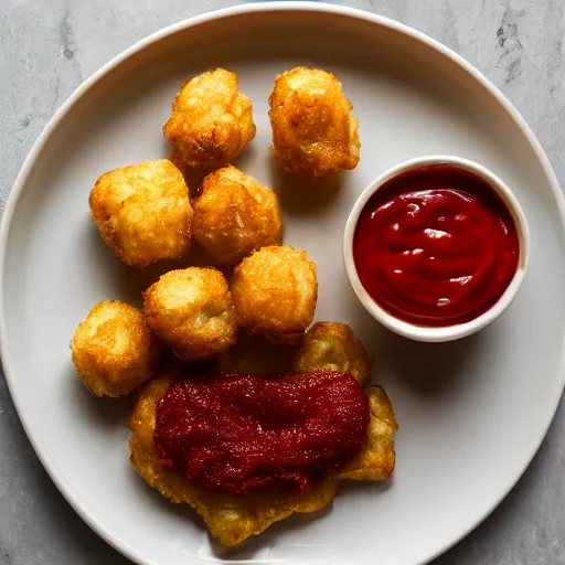 Image similar to food photo of channing tatum's face as tater tot on a plate with ketchup