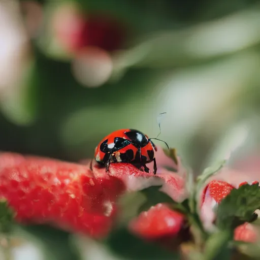 Image similar to professional photography of a Lady bug on a strawberry, bokeh, 8k